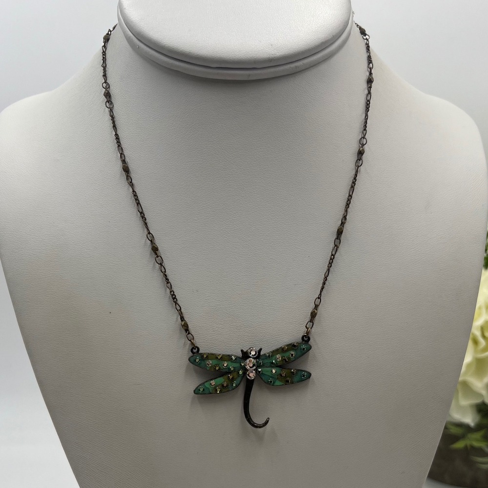 Anne koplik Teal Enamel dragonfly Crystal Pendant Antique Style necklace